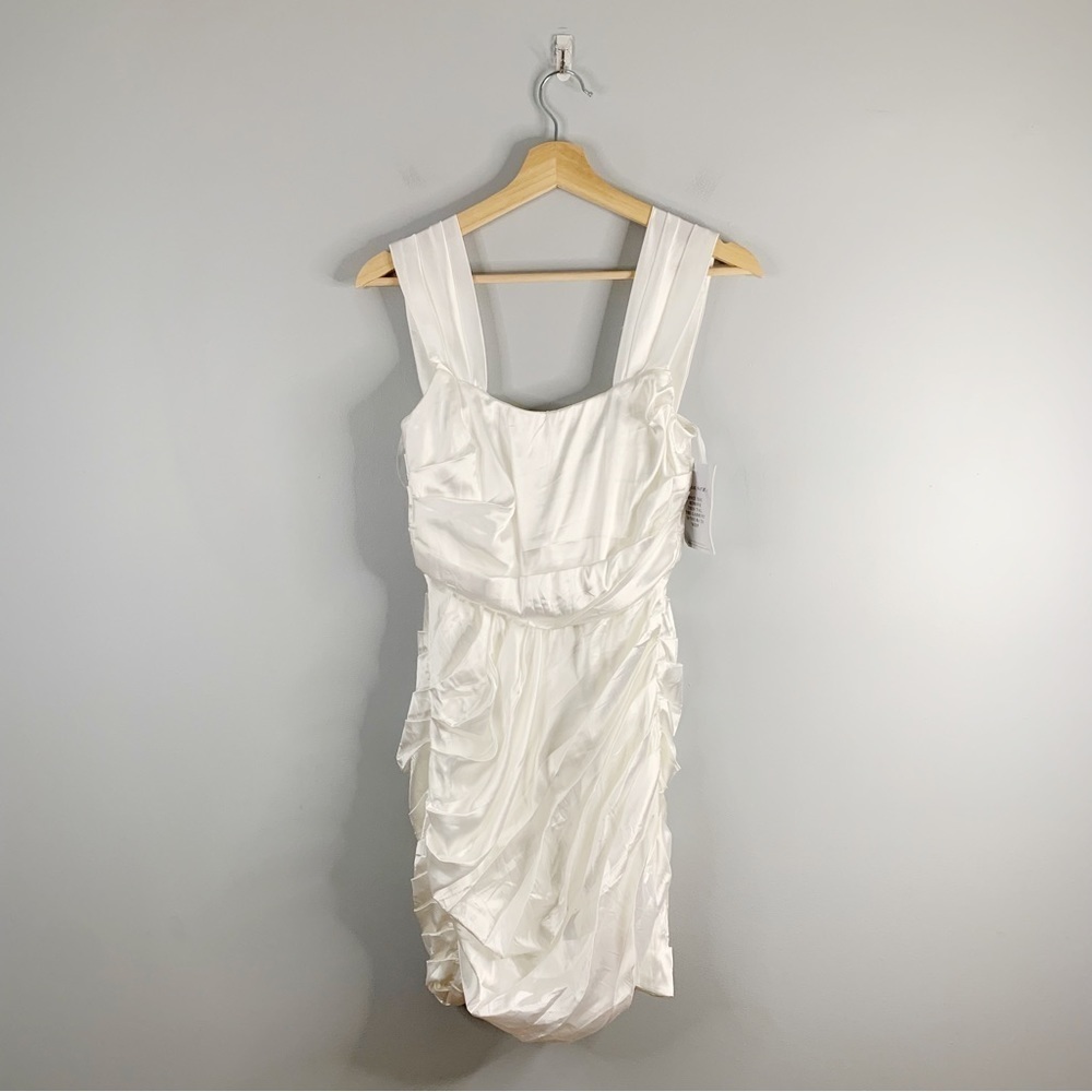 Alamour Roberta Dress Satin Ruched Bridal Mini White NWT Draped Fitted XS
